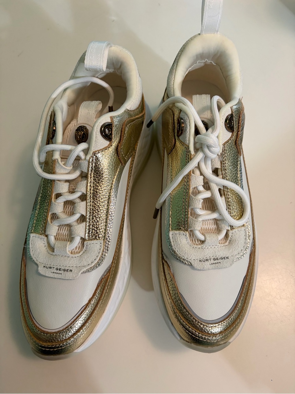 Kurt Geiger White Leather Sneakers with Gold Metallic Trim